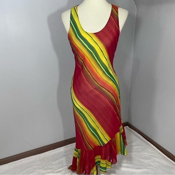 Vintage Y2K Resort Dress Phoebe Artsy Beach Neon Rainbow Stripes Vacay Jamaica - Picture 9 of 14